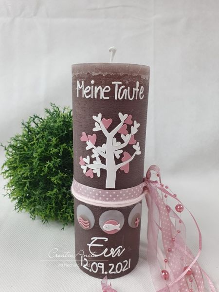 Taufkerze Rustikkerze mit Lebensbaum weiß-altrosa -personalisiert-